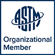A blue and white logo for the organizational member of astm.